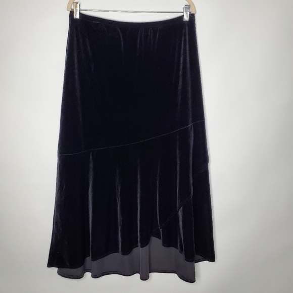 Chico's Black Velvet Maxi Skirt Size 3 US 16/XL Asymmetric Flounce Hem Elegant - Picture 1 of 9